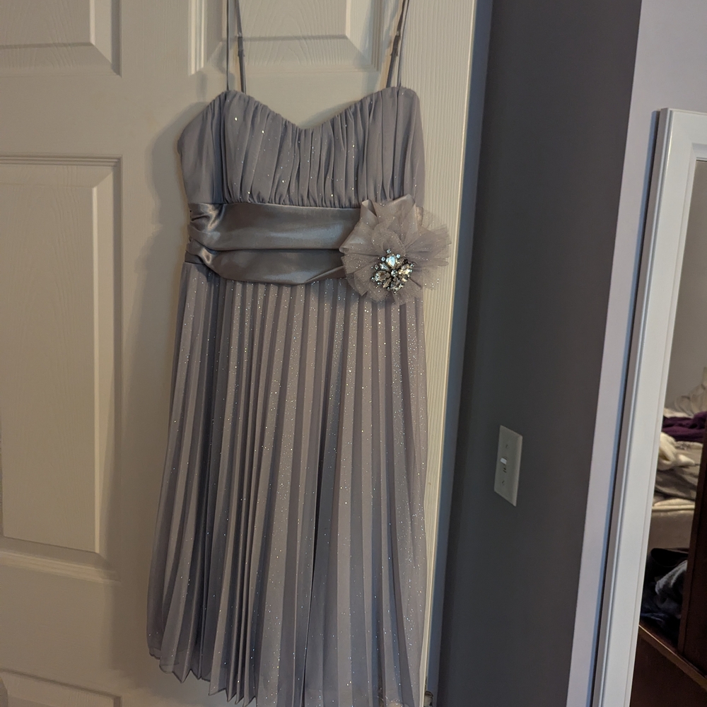 Sparkly Gray Pleated Dress with Floral Accent